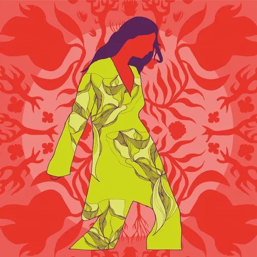 Woman wearing green floral clothes standing on red floral patterned background