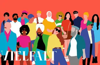 Illustration of diverse people standing together with the word Vielfalt