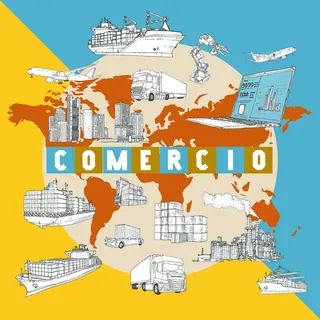 Global commerce concept with ships, trucks, planes, and laptop