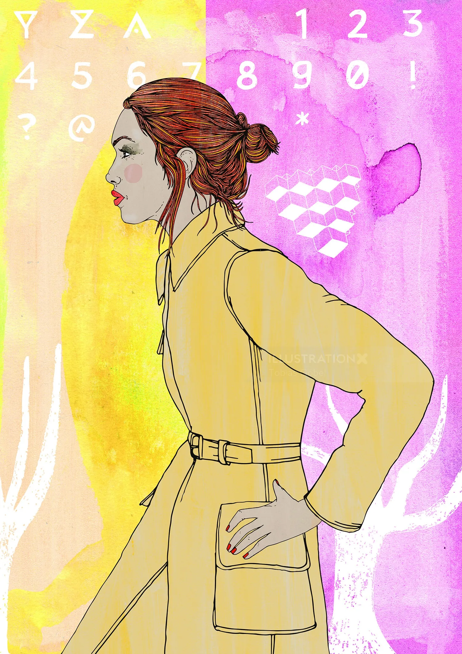 Side view of a woman wearing a yellow coat with abstract colorful backdrop