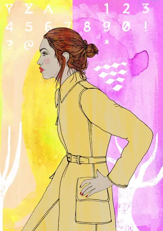 Side view of a woman wearing a yellow coat with abstract colorful backdrop