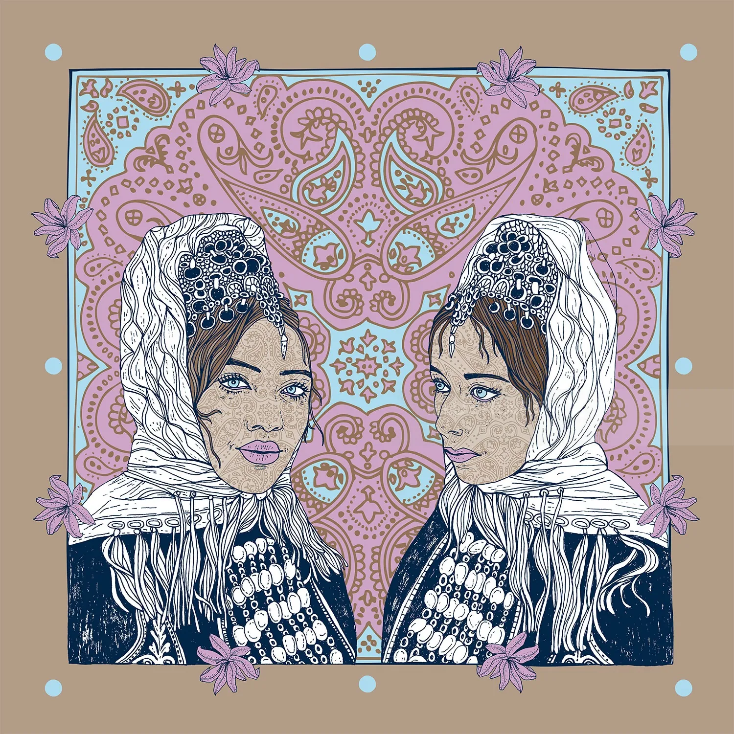 Two women wearing white headscarves with floral patterned background