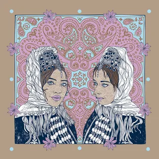 Two women wearing white headscarves with floral patterned background