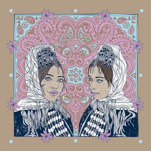 Two women wearing white headscarves with floral patterned background