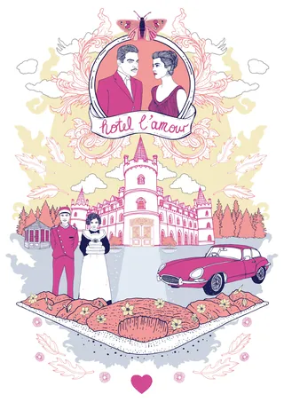 Vintage couple portrait, classic car, and hotel with romantic theme.