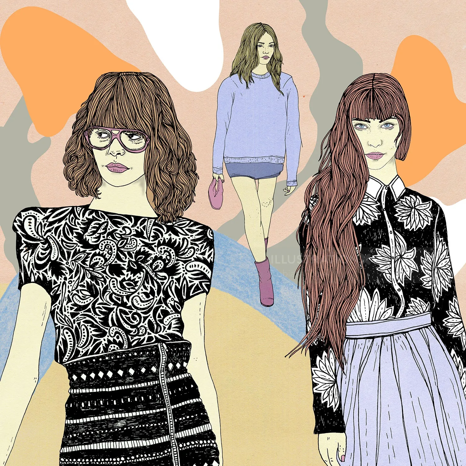 Three fashionable women in patterned and casual clothing illustration