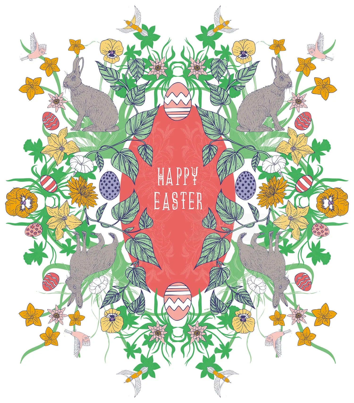 Easter floral pattern with rabbits and decorated eggs