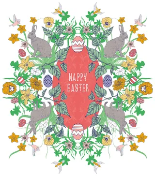 Easter floral pattern with rabbits and decorated eggs