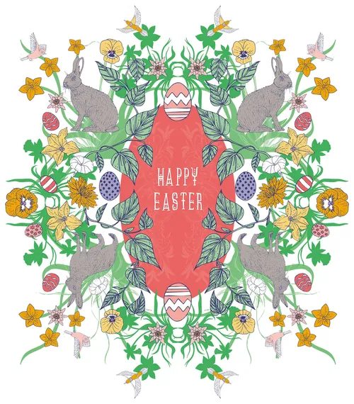 Easter floral pattern with rabbits and decorated eggs