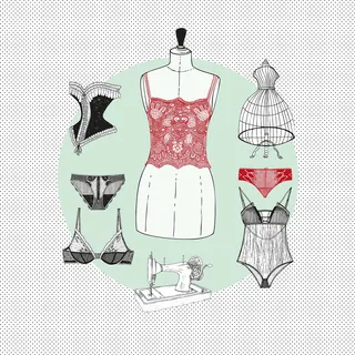 Drawing of lingerie pieces and sewing machine on dress form