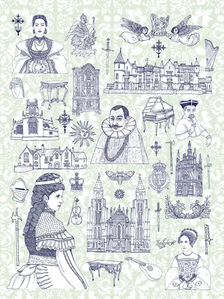 Hand-drawn vintage illustrations of European buildings, historical figures, and symbols.