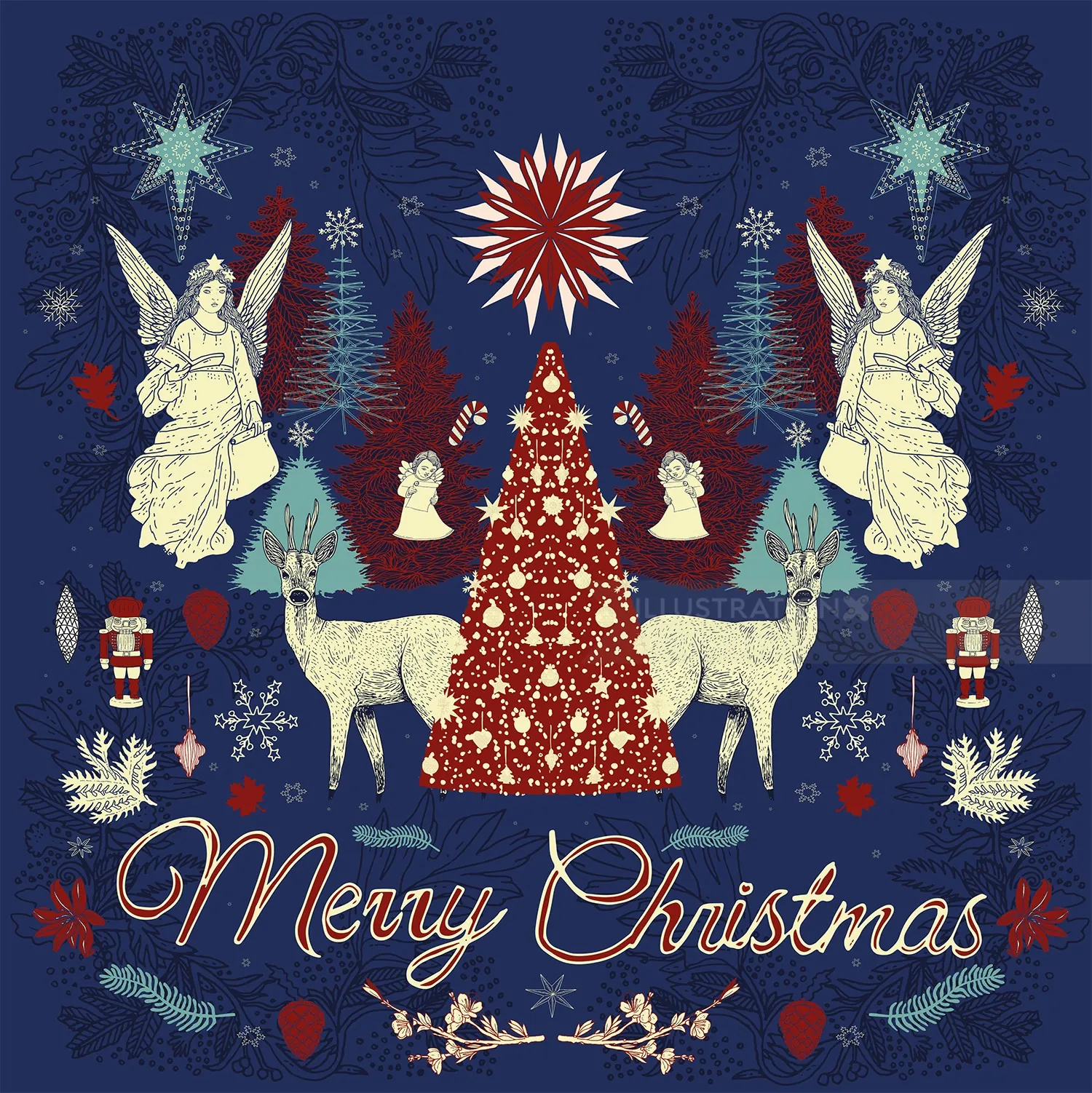 Christmas scene with angels, reindeer, decorated tree, and nutcrackers