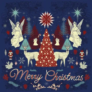 Christmas scene with angels, reindeer, decorated tree, and nutcrackers