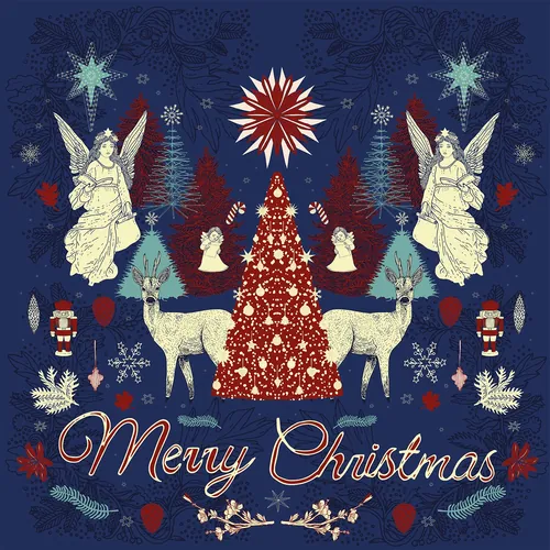 Christmas scene with angels, reindeer, decorated tree, and nutcrackers