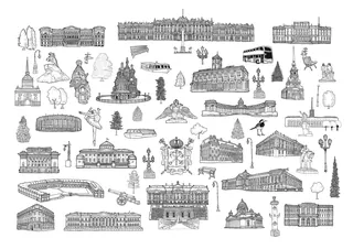 Black and white sketches of famous architectural landmarks and buildings.