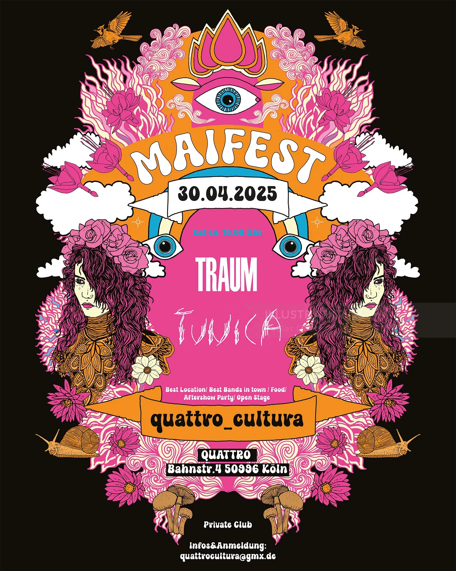 Psychedelic Maifest poster with flowers, eyes, and event details