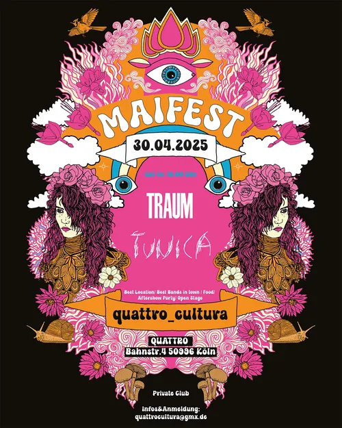 Psychedelic Maifest poster with flowers, eyes, and event details