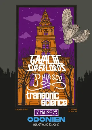 Event poster featuring Galactic Superlords, Fly Sco, Transonic Science