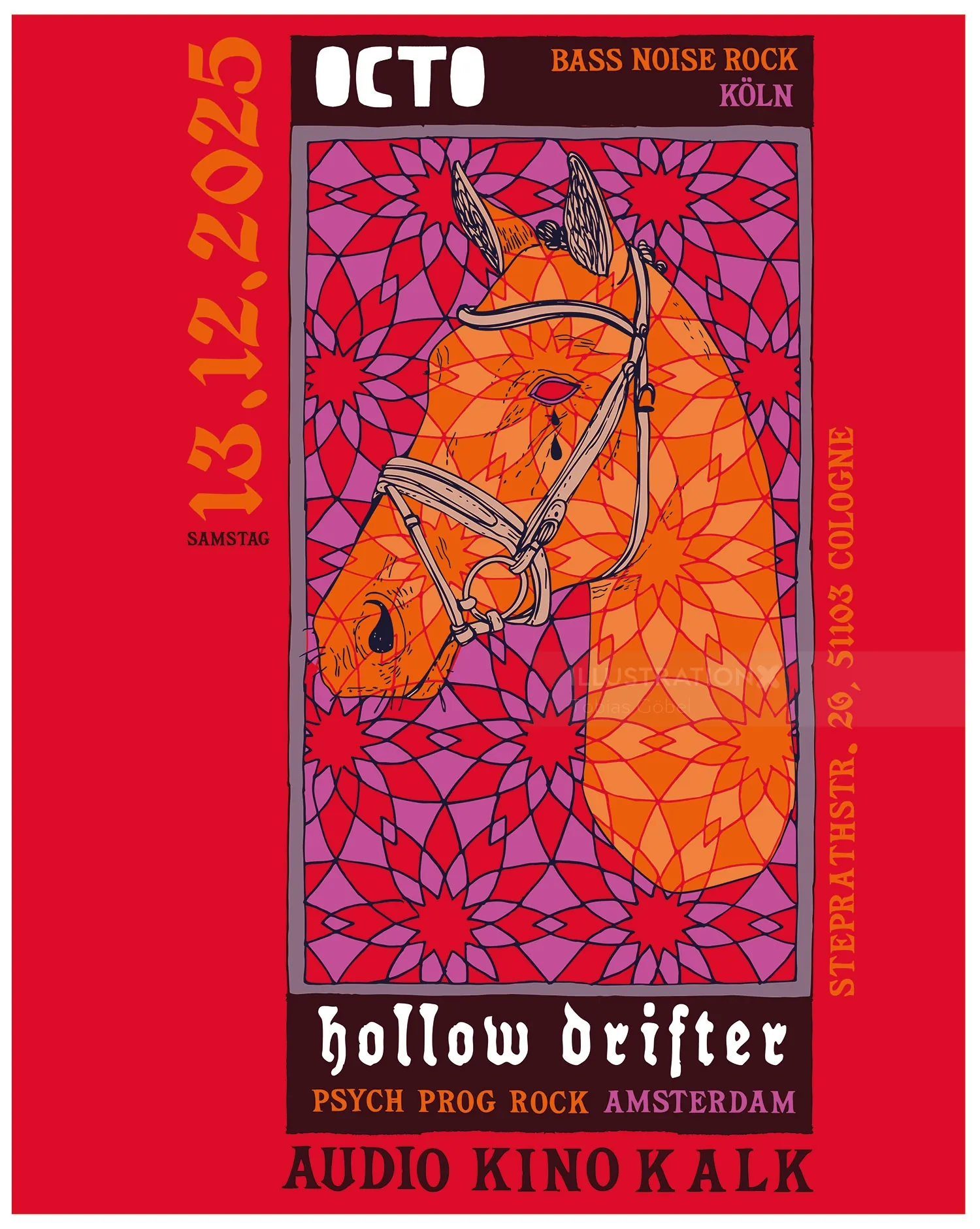 Psychedelic geometric horse poster by Tobias Göbel for Hollow Drifter event