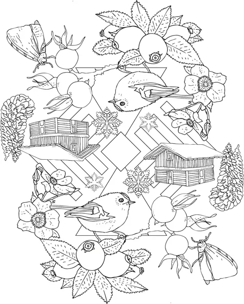 Black and white ink drawing of birds, leaves, berries, and wooden houses by Tobias Göbel