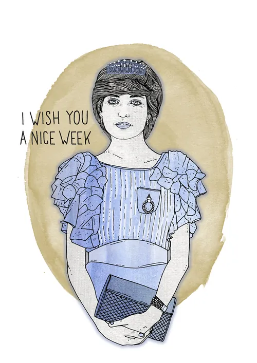 Illustration of a woman in blue dress holding clutch saying I wish you a nice week by Tobias Göbel