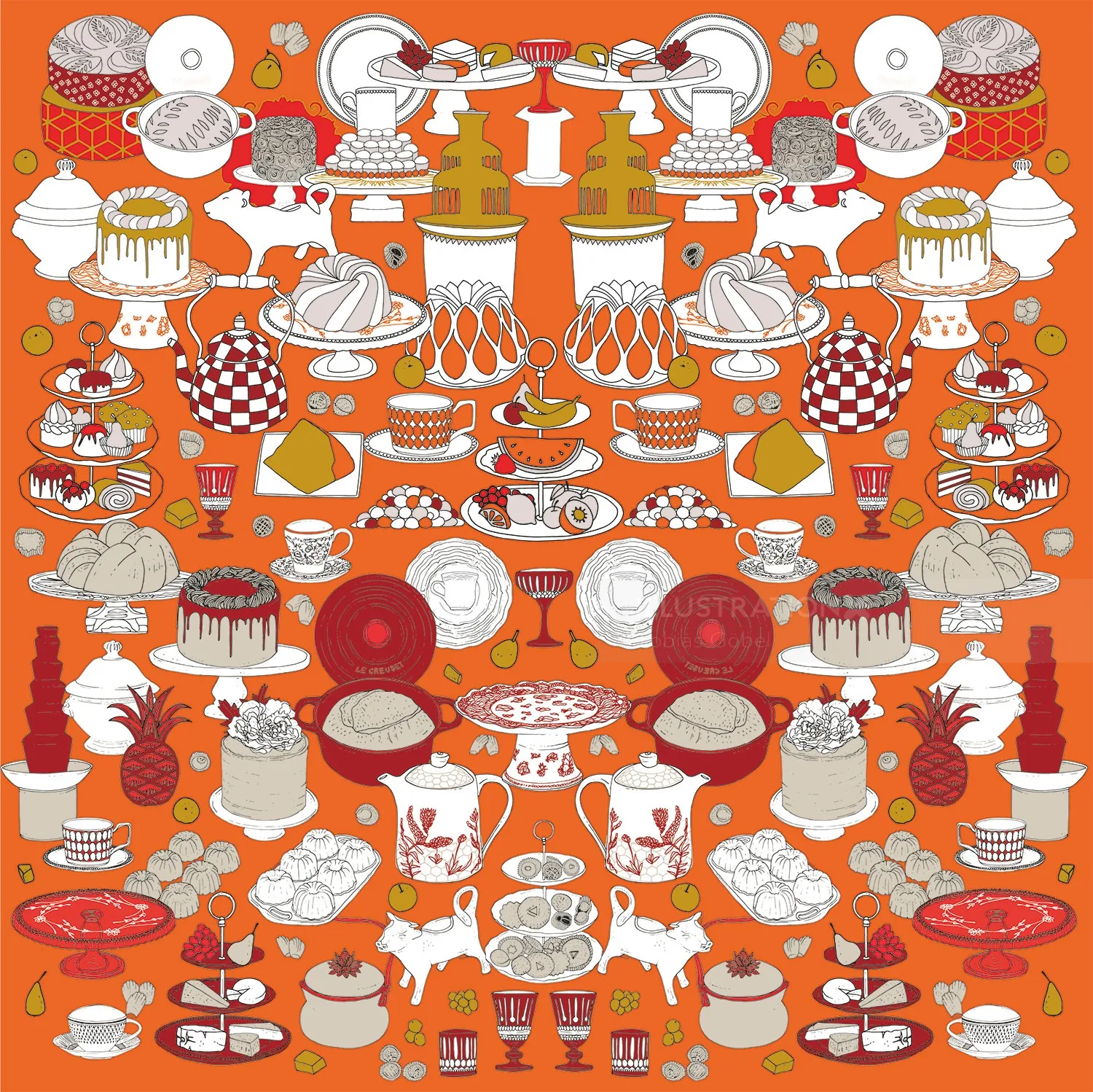 Symmetrical arrangement of vintage tea sets and desserts by Tobias Göbel