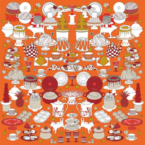 Symmetrical arrangement of vintage tea sets and desserts by Tobias Göbel