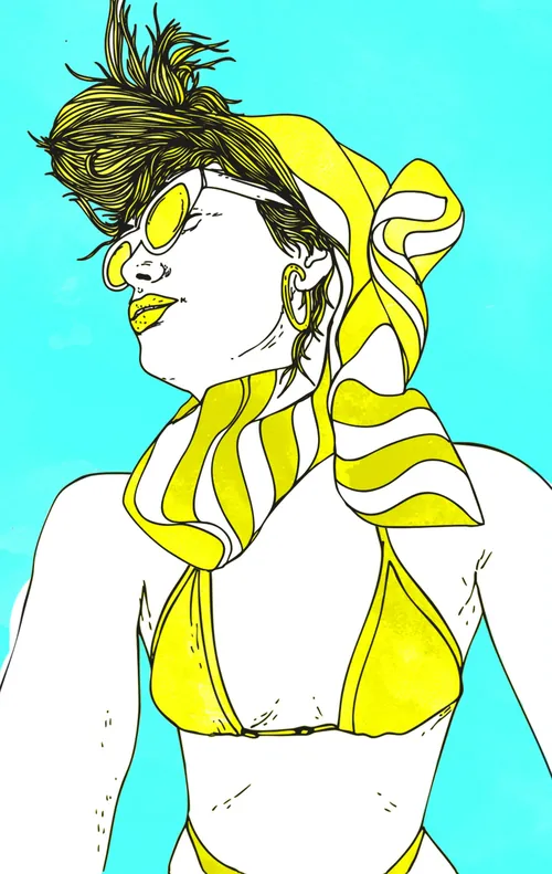 Illustration of woman in yellow bikini and striped headscarf by Tobias Göbel