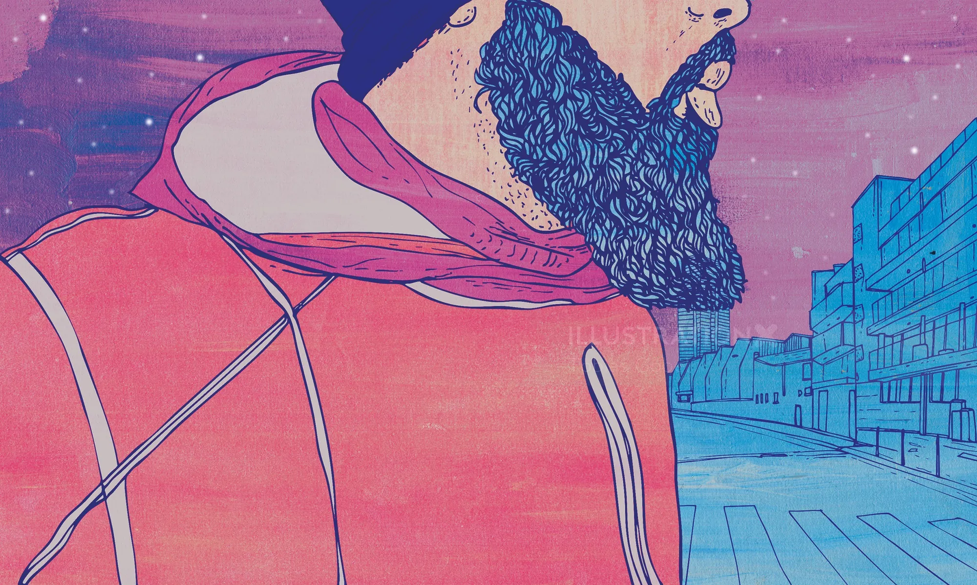 Illustration of a bearded man in a red hoodie with blue urban backdrop by Tobias Göbel