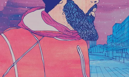 Illustration of a bearded man in a red hoodie with blue urban backdrop by Tobias Göbel