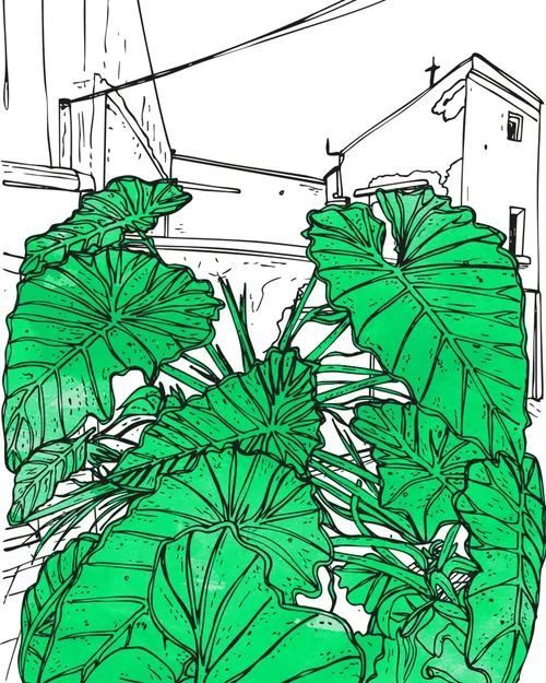 Illustration of tropical leaves in urban setting by Tobias Göbel