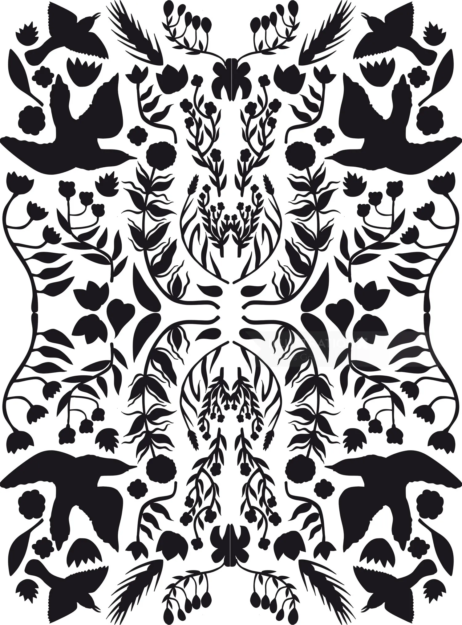 Symmetrical black and white floral and bird pattern by Tobias Göbel