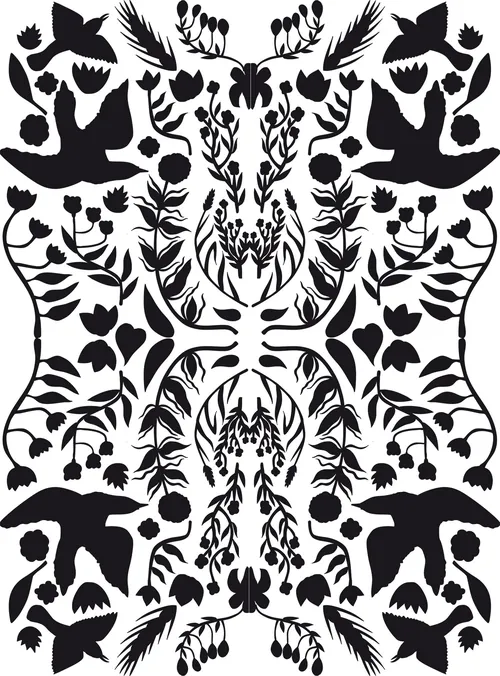 Symmetrical black and white floral and bird pattern by Tobias Göbel