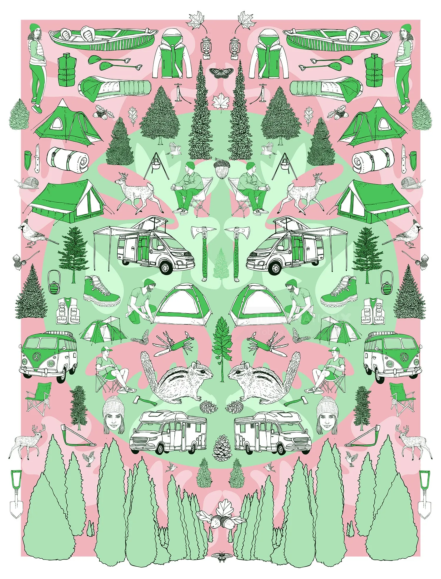 Symmetrical camping illustration with tents, vans, trees, and outdoor gear by Tobias Göbel