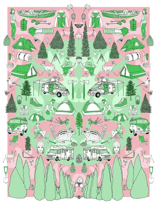 Symmetrical camping illustration with tents, vans, trees, and outdoor gear by Tobias Göbel