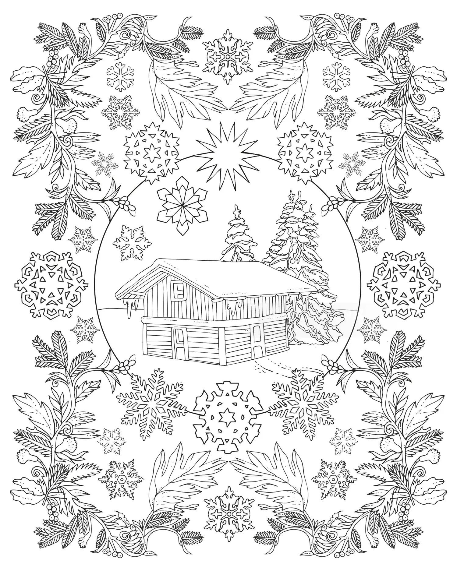 Line drawing of snowy cabin with snowflakes and leaves by Tobias Göbel