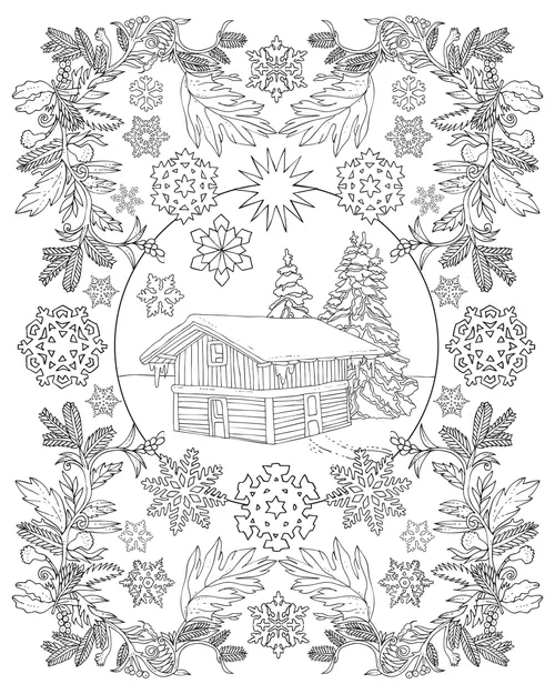 Line drawing of snowy cabin with snowflakes and leaves by Tobias Göbel
