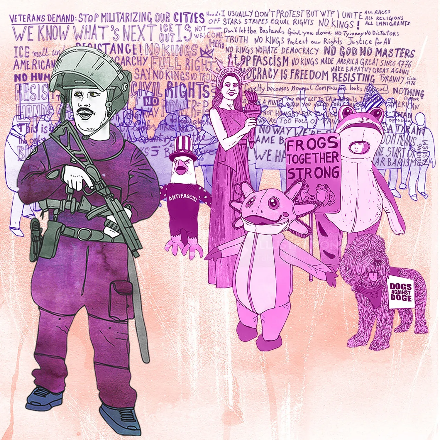 Protest illustration with soldier and figures holding signs by Tobias Göbel
