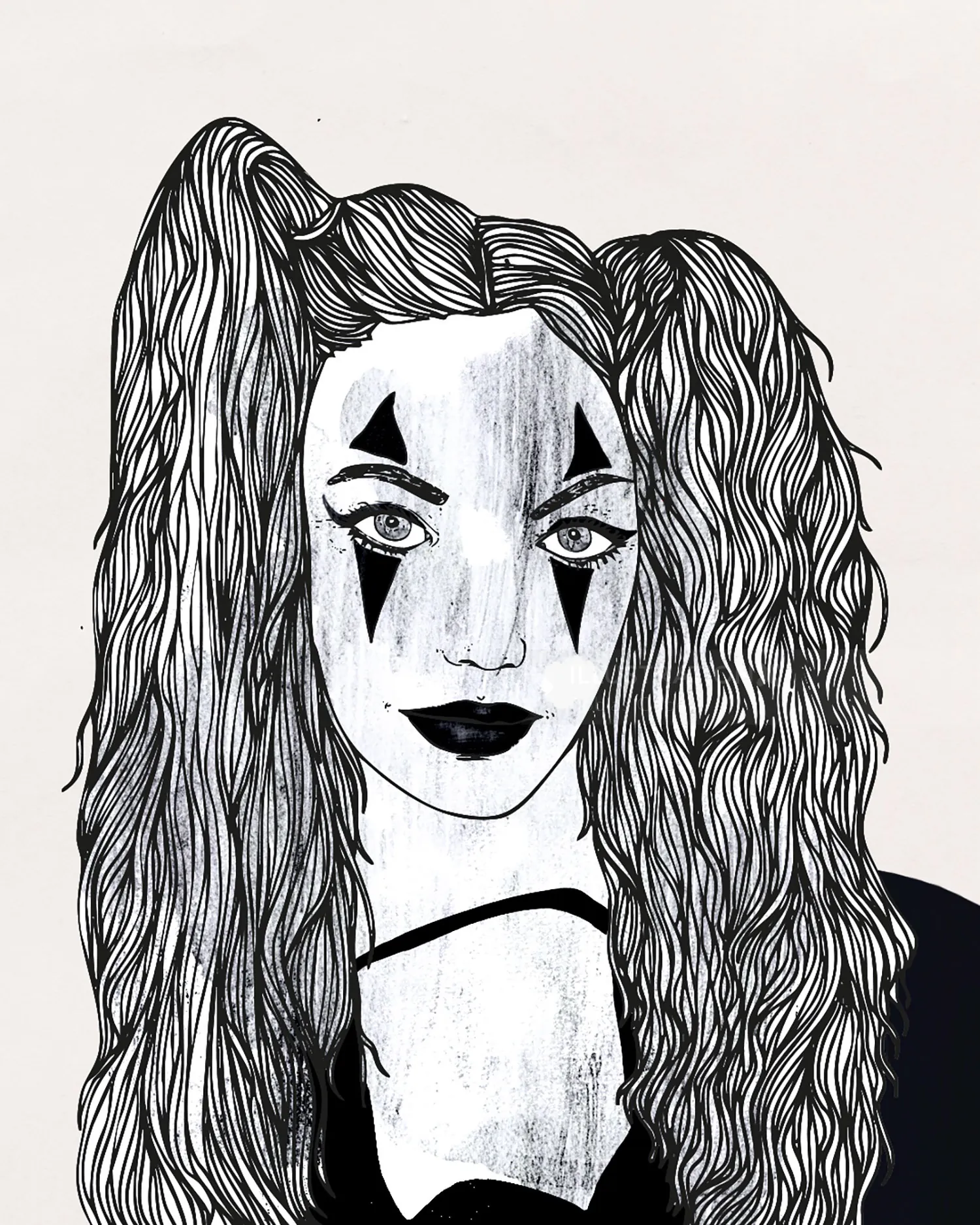 Monochrome woman with clown makeup and long wavy hair by Tobias Göbel
