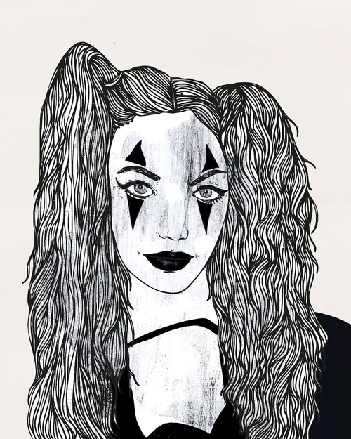 Monochrome woman with clown makeup and long wavy hair by Tobias Göbel