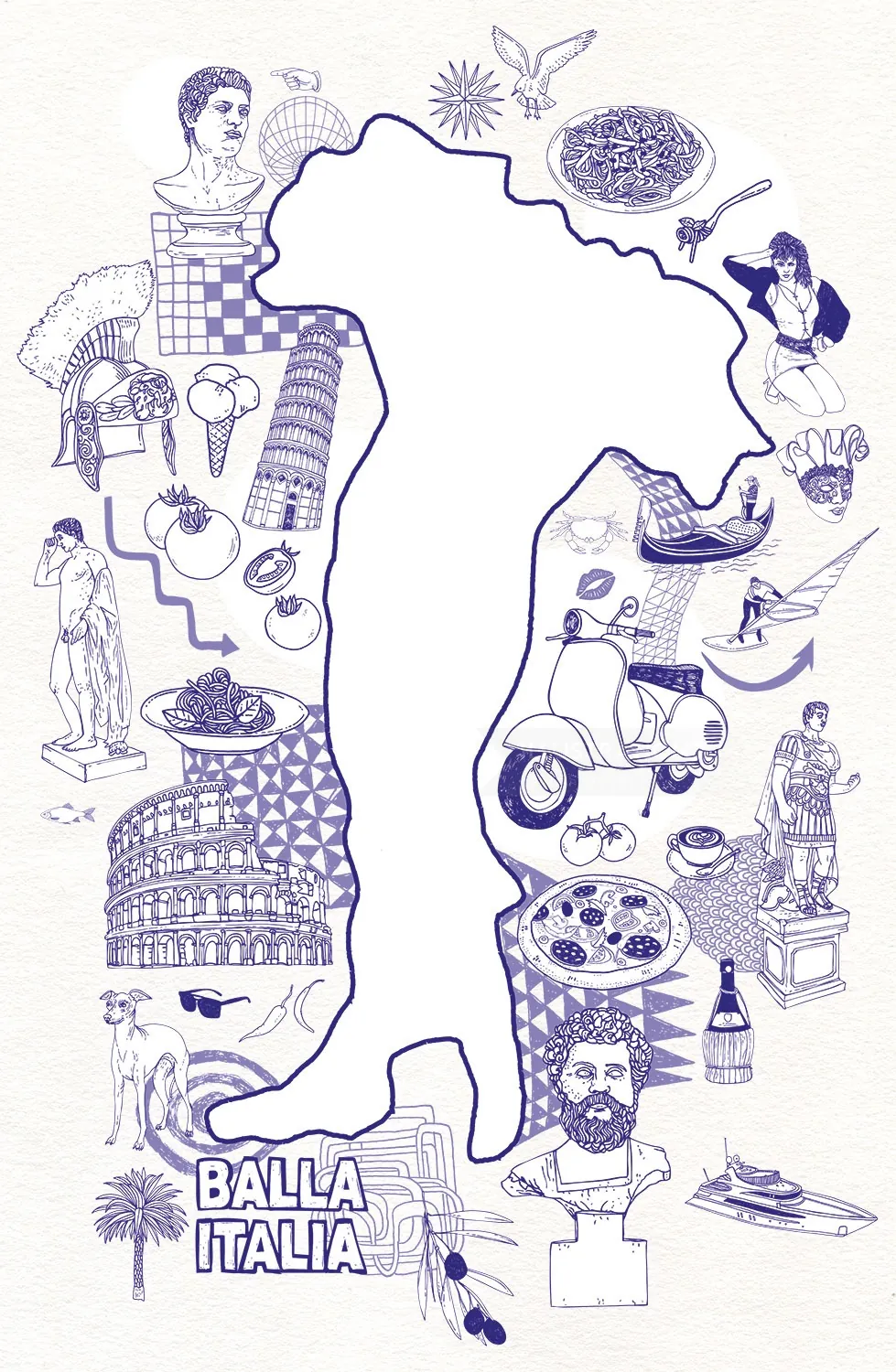 Illustration of Italy outline with Italian cultural symbols by Tobias Göbel