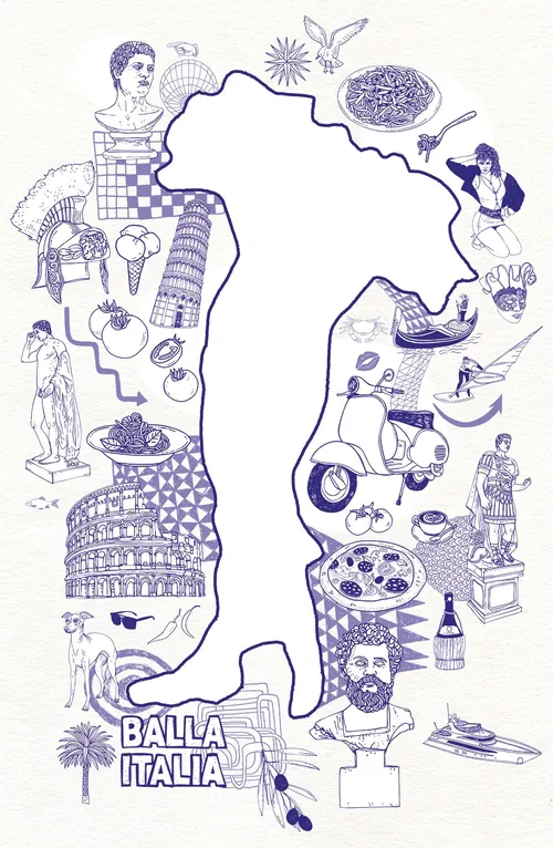 Illustration of Italy outline with Italian cultural symbols by Tobias Göbel