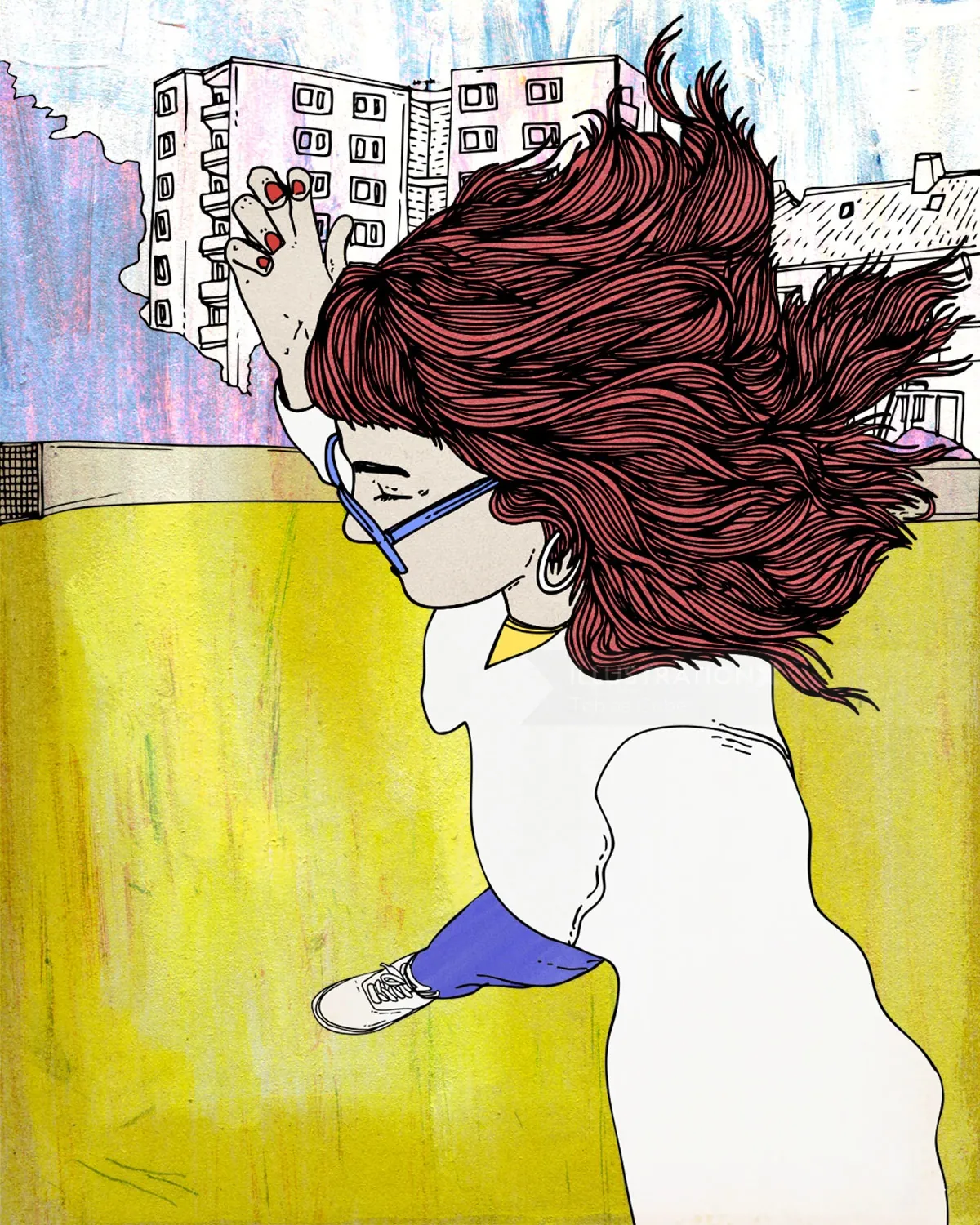 Illustration of person with red hair jumping near buildings by Tobias Göbel