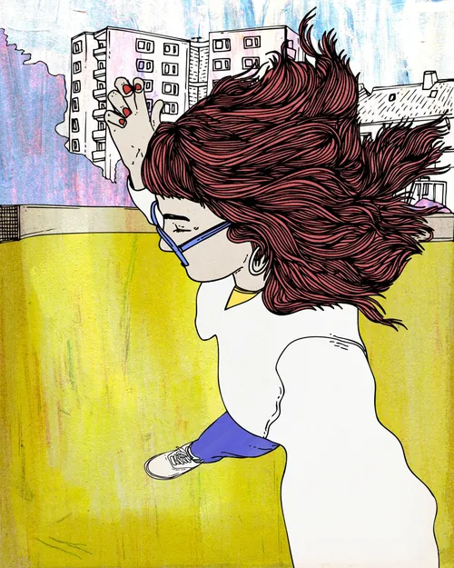 Illustration of person with red hair jumping near buildings by Tobias Göbel