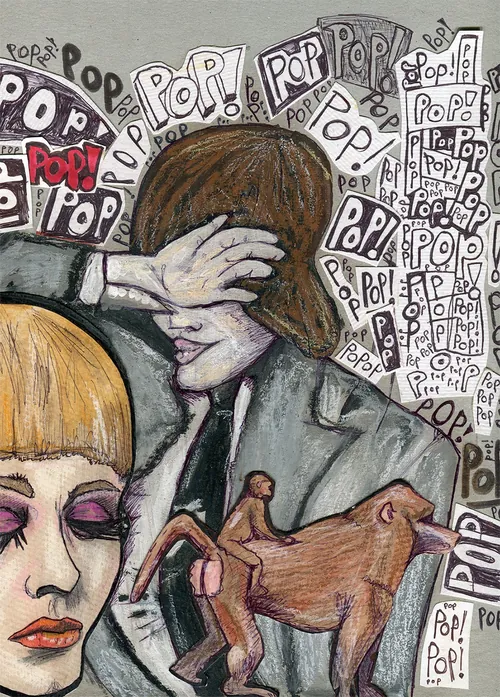 Two figures among many Pop! signs with one covering their eyes by Tobias Göbel