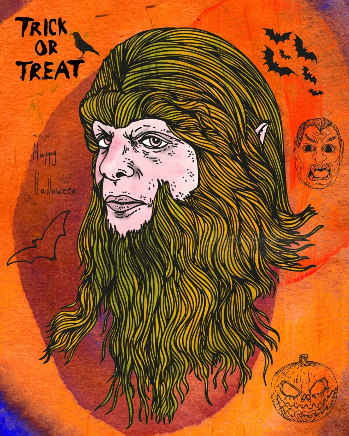 Halloween werewolf head with bats, pumpkin, and spooky background by Tobias Göbel