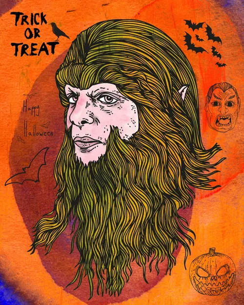 Halloween werewolf head with bats, pumpkin, and spooky background by Tobias Göbel
