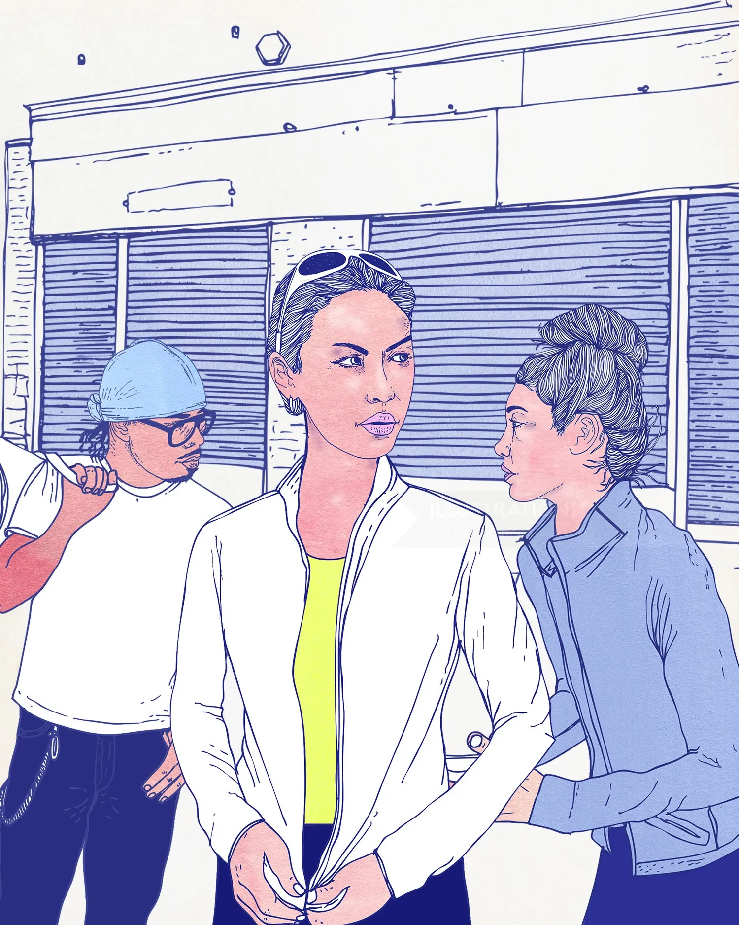Illustration of three people outside building by Tobias Göbel