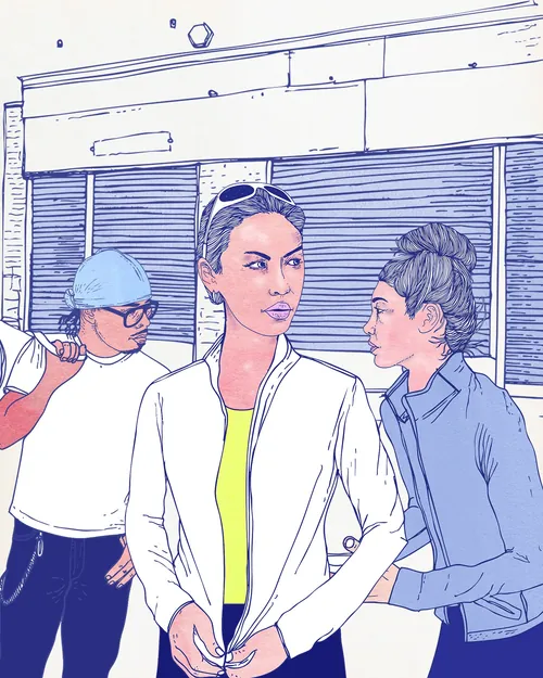 Illustration of three people outside building by Tobias Göbel