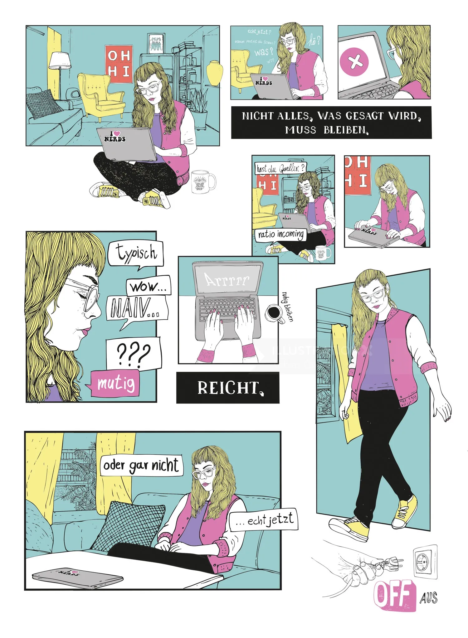 Comic illustration showing woman working in office with digital messages by Tobias Göbel